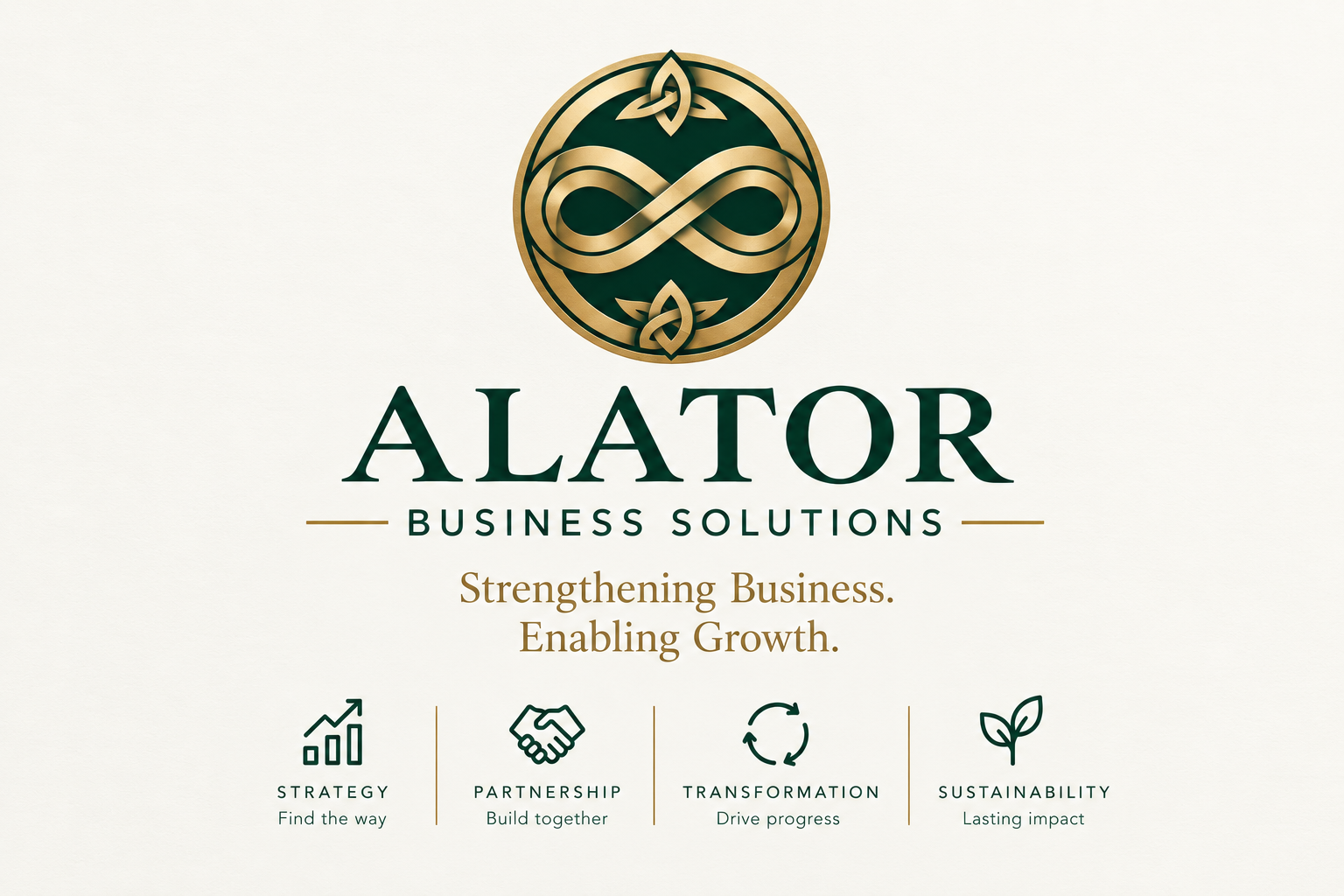 Approved Alator brand presentation with Celtic knot emblem and values